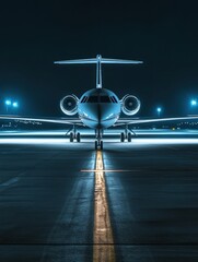 Fototapete - Airplane prepares for takeoff on illuminated runway with navigation lights at night. Generative AI