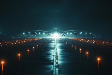 Aufkleber - Airplane on illuminated runway at night surrounded by vibrant navigation lights for safe landing. Generative AI