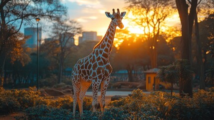 Wall Mural - Giraffe standing tall against a golden sunset with urban buildings in the background