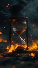 fiery hourglass amidst apocalyptic landscape; time's end