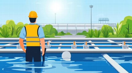 Wall Mural - Worker in Safety Gear Overseeing Water Treatment Plant Operations