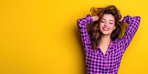 Wall Mural - happy woman in pajamas, isolated on solid background --ar 2:1 --personalize se3frcr --v 6.1 Job ID: 7b090d1f-10aa-4456-bb28-e56898af5ca4