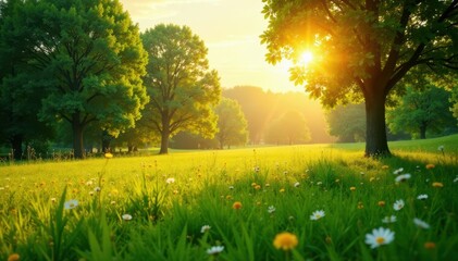 Wall Mural - Golden light bathes vibrant green meadow & trees Sunny summer day , landscape, ecology, relaxing