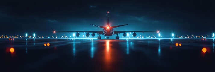 Aufkleber - Airplane taxiing on illuminated runway at night with vibrant navigation lights glowing. Generative AI