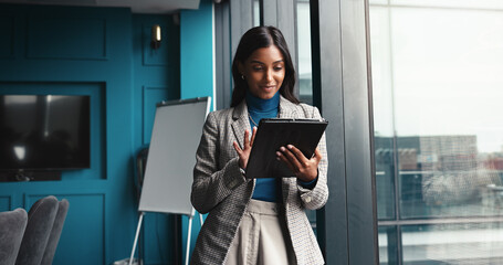 Poster - Smile, tablet and planning with business woman in office for workshop coordinator, reading and corporate trainer. Feedback, research and conference organizer with person in agency for schedule