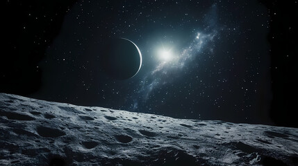 Wall Mural - Magnificent cinematic view of planet earth rising over the moon's barren, cratered horizon, set against a stunning starry galactic background. Galactic Ridge. Illustration