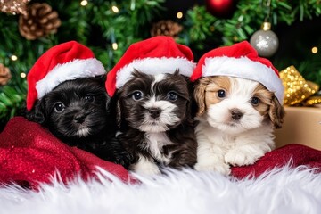 Wall Mural - Three adorable puppies wearing Santa hats pose cheerfully on a festive red blanket during the holiday season