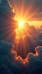 Wall Mural - Sun rays bursting through clouds, dramatic lighting, light, heat, rays