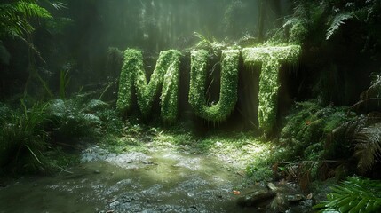 Wall Mural - The image is of a forest with a large green letter M on a rock