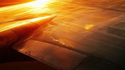 Fototapete - Airplane wing illuminated by warm sunset glow in the evening sky over vast landscape. Generative AI