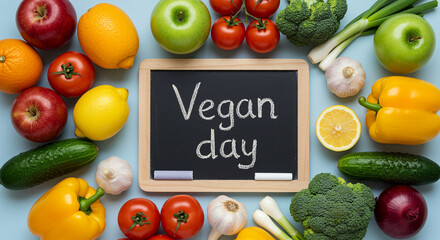 Fruits and vegetables on a blue background featuring vegan food items and a chalkboard sign that says Vegan Day