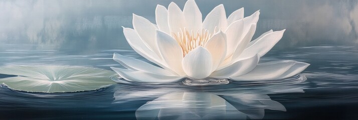Poster - Stunning white lotus flower blooming on tranquil water surface at dawn in serene natural landscape. Generative AI