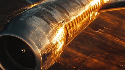 Fototapete - Captivating sunset illuminating airplane wing reflecting golden hues in the sky during evening flight. Generative AI