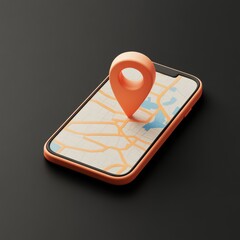 Wall Mural - 3d render of an orange smartphone displaying a map with a location pin.