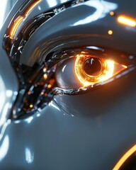 Glowing robotic eye, digital art, close-up, futuristic background