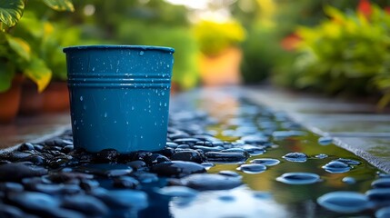 Wall Mural - A blue bucket is sitting on a path with water dripping from it