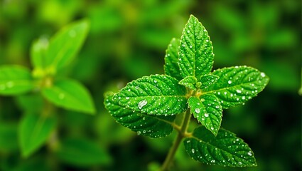 Wall Mural - Fresh mint leaf with morning dew on textured surface against soft green backdrop