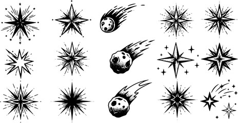 Wall Mural - set stars and comets isolated on a transparent background. vector illustration in monochrome style. 