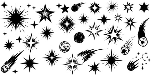 Wall Mural - set stars and comets isolated on a transparent background. vector illustration in monochrome style. 