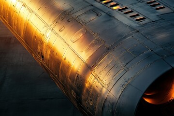 Aufkleber - Sunset illuminates airplane wing showcasing shimmering metal and intricate details. Generative AI