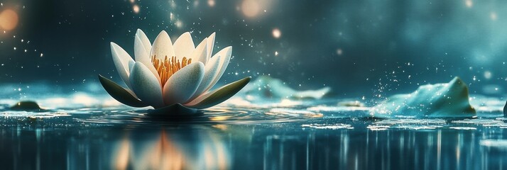 Poster - Delicate white lotus flower blossoms on calm water surface surrounded by gentle droplets in serene environment. Generative AI