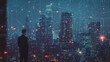 © Teeraphon - Abstract business man stands on Smart digital Innovation city with connection network reciprocity over the twilight cityscape. of future wireless digital city and social media networking systems