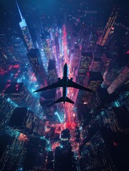 Aufkleber - Airplane flies over a colorful city skyline illuminated by bright lights at night. Generative AI