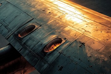 Poster - Airplane wing illuminated by brilliant sunset showcasing texture and design in serene travel environment. Generative AI