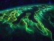 © Bijac - bioluminescent river delta viewed from space, glowing waterways creating organic patterns, emerald vegetation