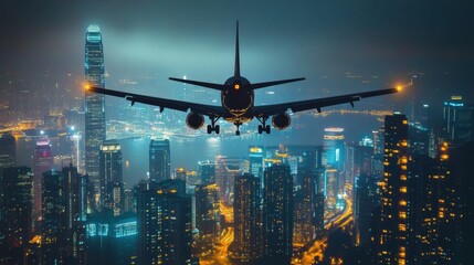 Poster - Airplane soaring above a vibrant cityscape illuminated at night with buildings glowing against the skyline. Generative AI