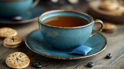 Wall Mural - A blue coffee cup with a blue tea bag on top sits on a blue plate