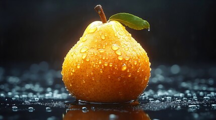 A pear is sitting on a table with water droplets on it