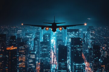 Aufkleber - Airplane soaring above a dazzling city skyline illuminated at night. Generative AI