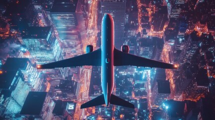 Aufkleber - Airplane flying above a dazzling city skyline illuminated by night lights. Generative AI