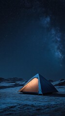 illuminated tent under starry desert night sky