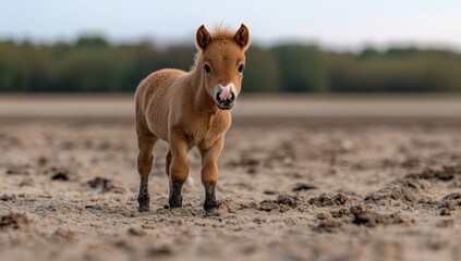 Sticker - Adorable miniature horse foal standing in a sandy field