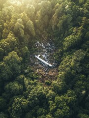 Poster - Dense forest reveals remnants of airplane wreckage in remote area during daylight. Generative AI