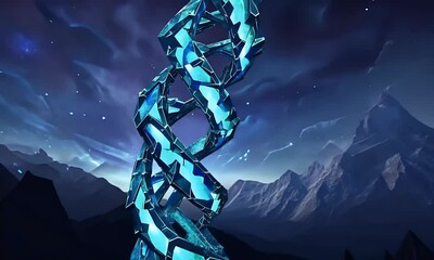 Poster - Glowing DNA helix over mountains, night sky, science concept