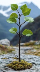 Wall Mural - Green Sapling Growing on Mossy Rock Against Mountain Background