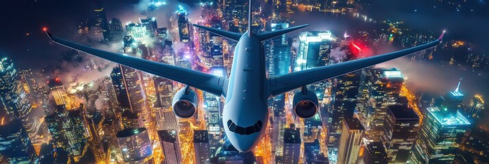 Aufkleber - Airplane soars above a vibrant city skyline illuminated at night with glowing lights and a bustling atmosphere. Generative AI