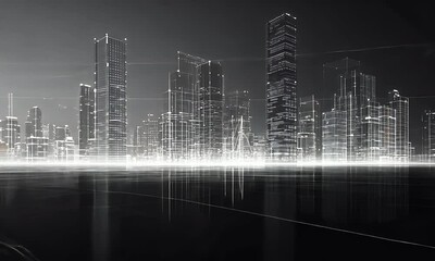 Poster - Wireframe city skyline night reflection digital art