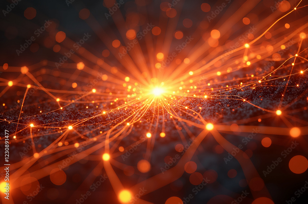 Glowing orange energy burst with interconnected network nodes on a ...