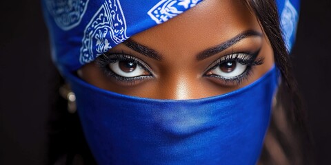 female gangster rapper wearing blue bandana 