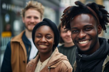 Wall Mural - Group of young people in the city, smiling and looking at camera