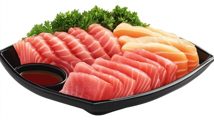 Wall Mural - A fresh and colorful sashimi arrangement with slices of salmon, tuna, and yellowtail, garnished with fresh herbs and served with a side of soy sauce.