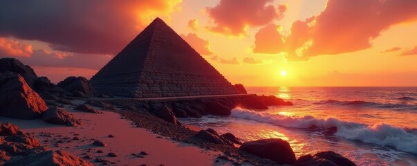 Wall Mural - Sunset casts long shadows on a stone pyramid by the sea , shore, stillness, landscape