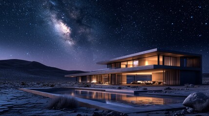 Wall Mural - HOUSE IN THE MIDDLE OF THE DESERT WITH A STARRY NIGHT