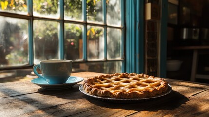 Poster - A perfect lattice-top apple pie with golden, flaky crust placed in front of a rustic caf window.