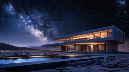 Wall Mural - HOUSE IN THE MIDDLE OF THE DESERT WITH A STARRY NIGHT