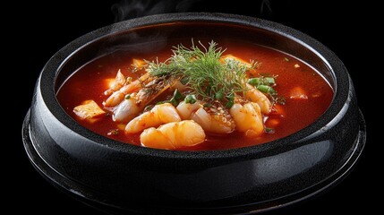 Poster - A steaming bowl of spicy seafood soup with shrimp, squid, and fish in a rich red broth, garnished with fresh herbs.